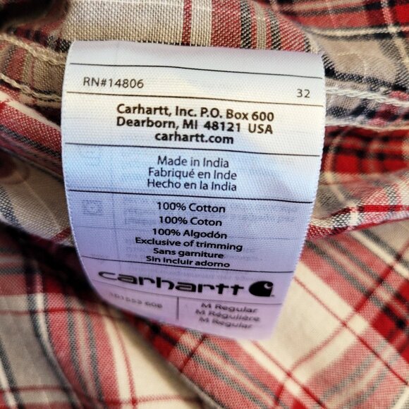 Carhartt Shirt Mens Medium Red Plaid Short Sleeve Button Down Relaxed Fit Cotton - Picture 6 of 7